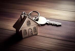 House key with keychain on wooden background. Real estate concept. photo