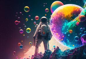 Astronaut in outer space with colorful planet. 3D rendering photo