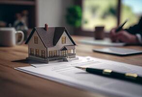 Real estate agent working with house model on wooden desk in office. photo