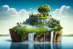 Fantasy island with waterfalls. 3d illustration. Elements of this image furnished by NASA photo