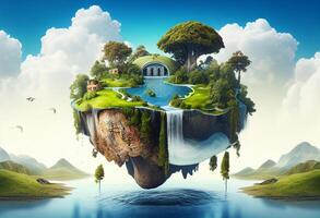 Fantasy island with waterfalls. 3d illustration. Elements of this image furnished by NASA photo