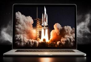 Rocket coming out of a laptop screen on a dark background. 3d rendering. photo