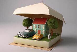 House model and car on the table. Real estate concept. 3D illustration. photo