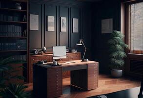 Dark office interior with furniture, equipment and plants. 3D Rendering photo