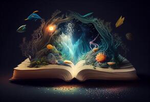 Open book with magic symbols and lights. Elegant glowing background photo