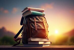 Backpack with books on wooden table over sunset sky background. Back to school concept photo