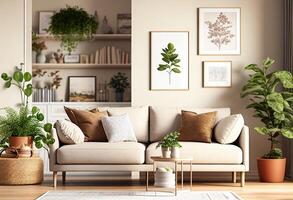 Interior of modern living room with sofa, coffee table, bookshelf, 3d render photo