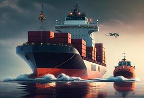 Cargo ship with container in sea. Freight transportation and logistics concept photo