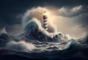 Surreal image of stormy sea with lighthouse. 3D rendering photo