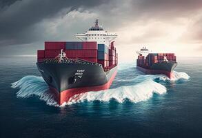 Cargo ship with container in sea. Freight transportation and logistics concept photo