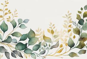 Watercolor hand painted floral background with green leaves and branches. Illustration photo