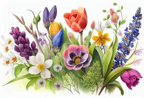 Beautiful spring flowers on a white background. Digital painting. Toned. photo