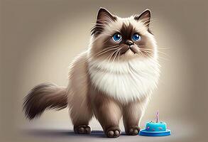 Cute cat with birthday hat on gray background, 3d rendering photo