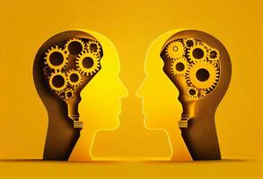 Conceptual image of two human heads with gears and cogwheels photo