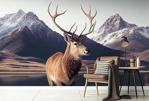 Deer sitting on with mountains in the background photo