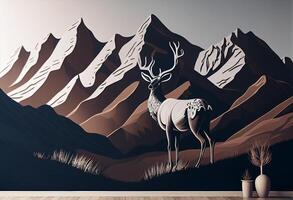 Deer sitting on with mountains in the background photo