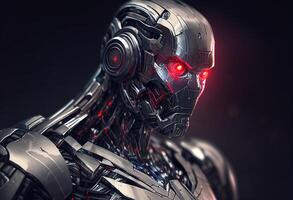 Cyborg with red light on dark background. 3D rendering. photo