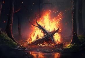 Big bonfire in the dark forest. 3d render illustration. photo