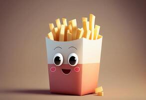 linda rápido comida francés papas fritas personaje con triste rostro. 3d ilustración generativo ai foto