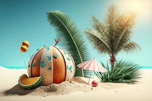 Beach ball on sand with palm trees background. 3d render photo