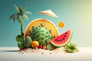 Fruits under umbrella on the beach. summer concept 3D rendering photo