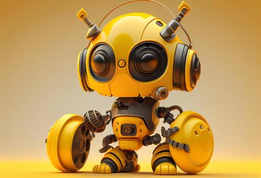 3D rendering of a cute yellow robot on a yellow background with copy space photo