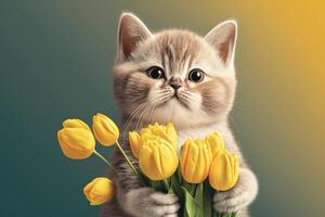 Cute kitten with a bouquet of yellow tulips on a green background. photo