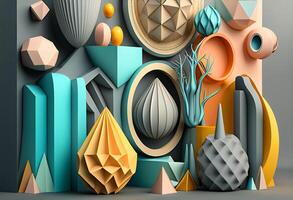 3d illustration of abstract geometric background with colorful hexagons and balls photo