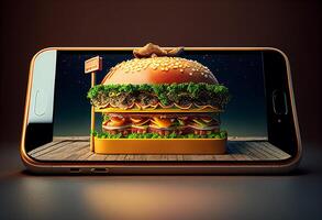 hamburguesa en el teléfono inteligente pantalla. 3d ilustración en oscuro antecedentes. generativo ai foto