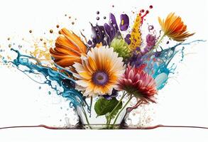 Colorful flowers in water isolated on white background. Watercolor painting photo