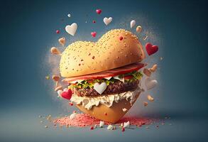 grande hamburguesa con volador corazones. concepto de amor. 3d representación generativo ai foto