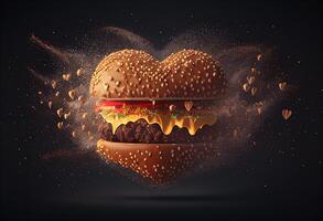 Big hamburger with flying hearts. Concept of love. 3d rendering photo