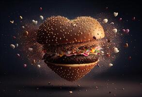 Big hamburger with flying hearts. Concept of love. 3d rendering photo