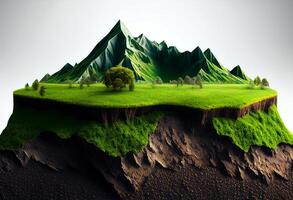 3d hacer de un fantasía paisaje con montañas y un prado generativo ai foto