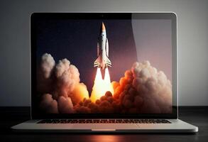 Rocket coming out of a laptop screen on a dark background. 3d rendering. photo