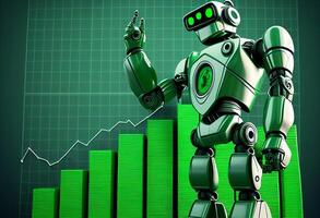 3d render of robot and stock market chart on dark background. photo