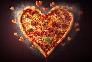 Heart shaped pizza with pepperoni, salami and mozzarella on dark background photo