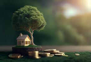 House with a tree growing out of a pile of coins. 3D rendering photo