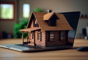 Real estate concept. Wooden house model on laptop screen. 3d illustration photo