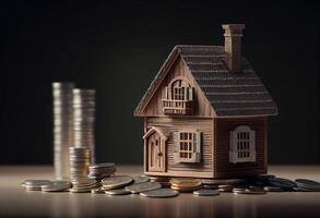 hipoteca concepto por dinero casa desde monedas en de madera mesa. generativo ai foto