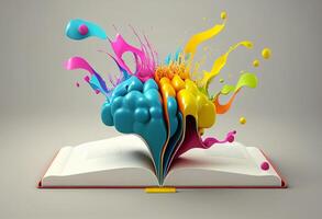 Open book with colorful paint splashes humain brain . 3D illustration photo