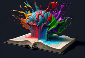 Open book with colorful paint splashes humain brain . 3D illustration generative ai photo