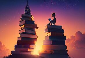 Little boy sitting on top of a pile of books. Education concept photo