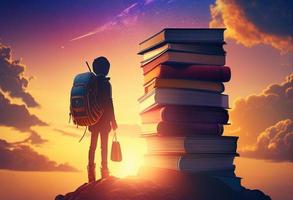 Little boy sitting on top of a pile of books. Education concept generative ai photo