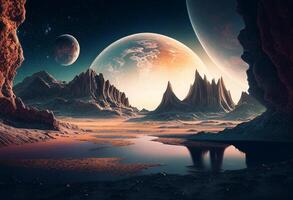 Fantasy alien planet. Mountain and lake. 3D illustration. photo