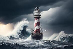 Surreal image of stormy sea with lighthouse. 3D rendering photo