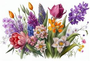 Beautiful spring flowers on a white background. Digital painting. Toned. photo