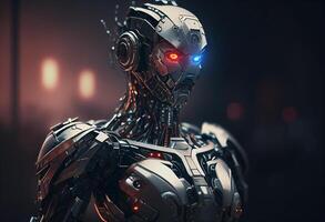 Cyborg with red light on dark background. 3D rendering. photo