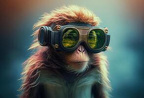 Funny monkey dressed as aviator with helmet and goggles on the road photo