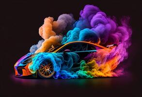 3D rendering of a sports car with colorful smoke on a black background photo